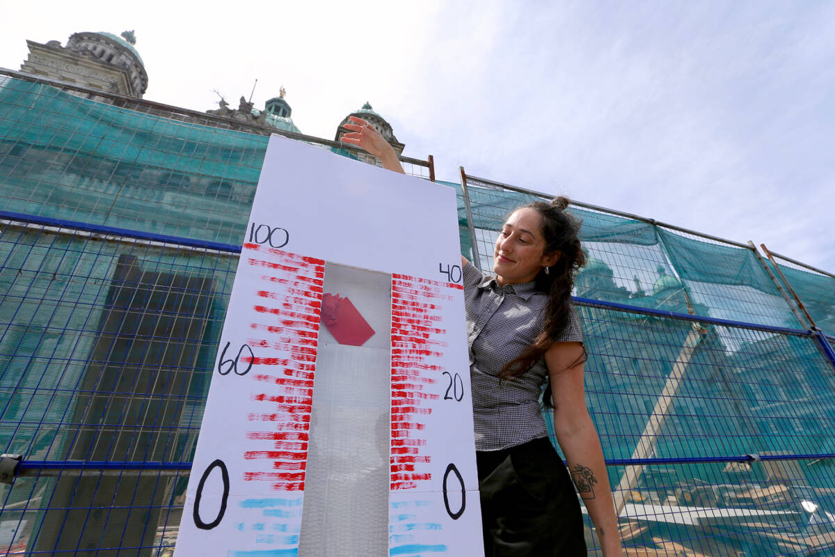 Pamela Charron, executive director of the Worker Solidarity Network, places a red piece of paper into a giant thermometer Saturday, June 17, as part of a demonstration in front of the B.C. Legislature calling on government to make labour law changes to better protect workers in extreme heat. (Justin Samanski-Langille/News Staff)
