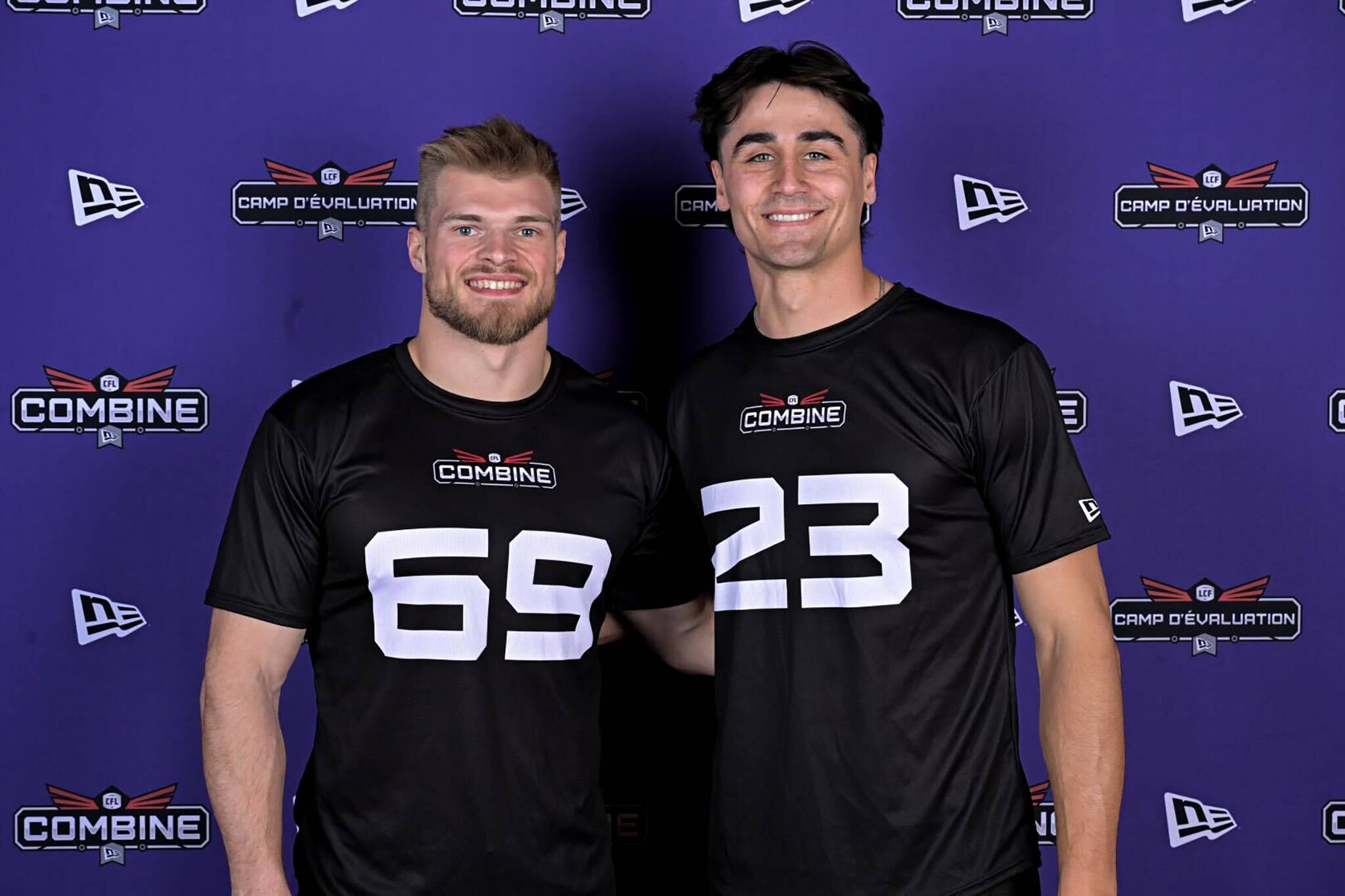 Joel Dublanko (left) and Casey Bauman don’t need their newfound dual citizenships to make them feel at home in Canada. The American-born football prospects have family ties that led to their designations as nationals for the April 30 CFL global and Canadian drafts, but they both already felt a connection. Dublanko and Bauman pose for a photo at the CFL National Combine on March 20, 2024 in Winnipeg. THE CANADIAN PRESS/HO-Andrew Mahon/CFL