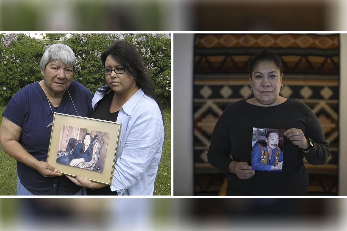 In this composite image made from two photographs, Rebecca Julian, left, Anna Mae Pictou Aquash’s eldest sister, and Aquash’s eldest daughter, Denise Maloney, hold a portrait of Aquash in Shubenacadie, N.S., on June 20, 2003; At right, Naneek Graham holds a photograph of her father John Graham, who is incarcerated in the South Dakota State Penitentiary after being extradited to the U.S. in 2007 and convicted three years later in the 1975 murder of Pictou Aquash, while posing for a portrait at her home in Vancouver, B.C., Tuesday, Feb. 27, 2024. THE CANADIAN PRESS/Carson Walker, Darryl Dyck