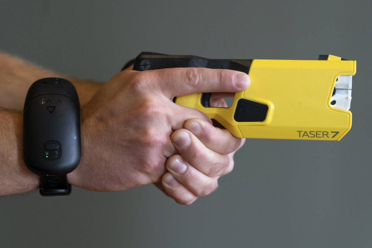 A Taser 7 is demonstrated on Thursday, May 12, 2022, in Washington. B.C. announced on March 25, 2024 that it has approved the Taser 7 for all police agencies. (AP Photo/Jacquelyn Martin)