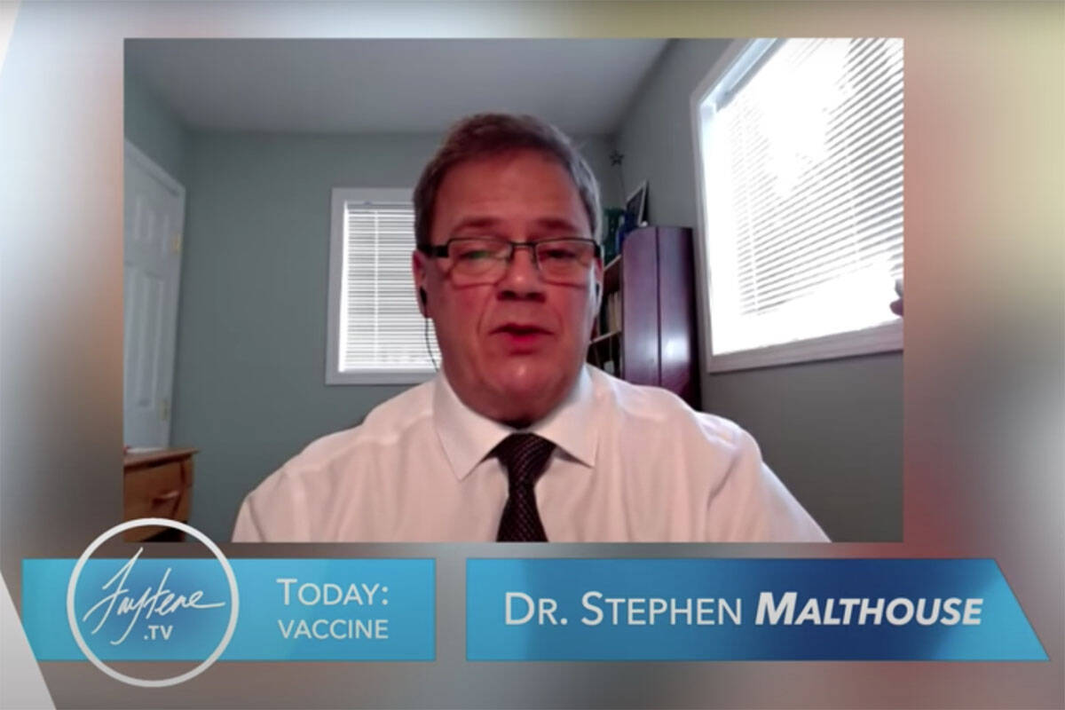 Dr. Stephen Malthouse, here seen appearing on an Internet program, is running for the Conservative Party of B.C. in the new riding of Ladysmith-Oceanside. new riding of Ladysmith-Oceanside. B.C.’s College of Physicians and Surgeons of British Columbia suspended Malthouse’s license on March 24, 2022 under an interim order pending completion of an investigation following complaints from other doctors.