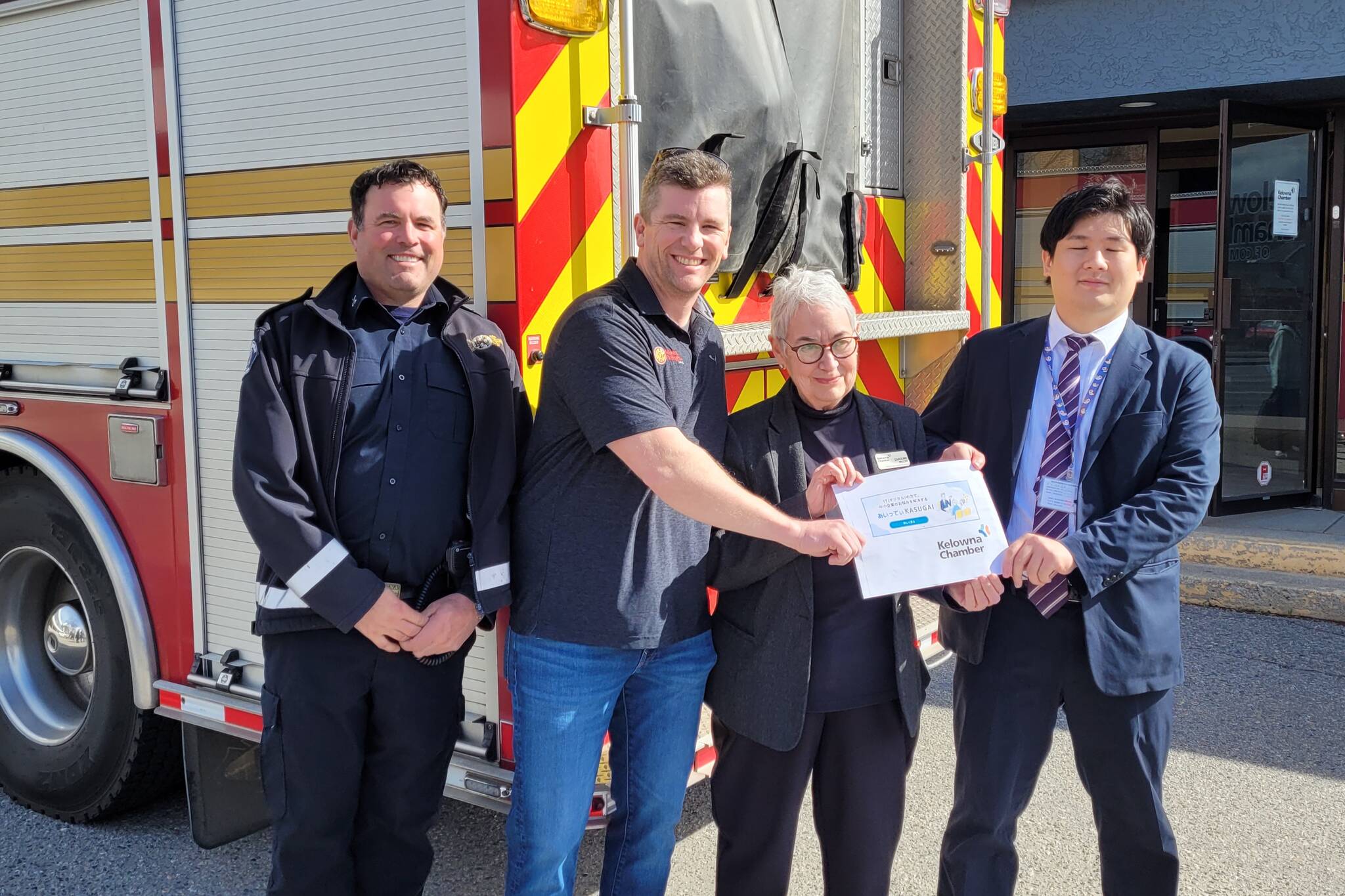 Kelowna’s Japan sister city, Kasugai, has made a $1,000 donation wildfire relief efforts. (L-R: Stacey Young, Captain, Kelowna Fire Department Kyle Jacobsen, Vice President, Kelowna Professional Firefighters Caroline Miller, Policy & Government Relations Advisor, Kelowna Chamber Naruki Nishimuri, representing the Kasugai Chamber of Commerce. (Kelowna Chamber photo)