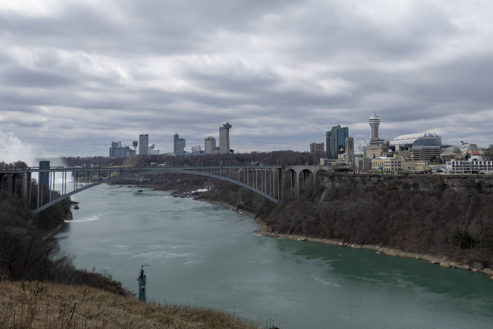 A view of Niagara Falls, Ont. is shown on Friday, March 29, 2024 in a photo taken in Niagara Falls, N.Y. Ontario’s Niagara Region has declared a state of emergency as it readies to welcome up to a million visitors for the solar eclipse in early April.THE CANADIAN PRESS/Carlos Osorio