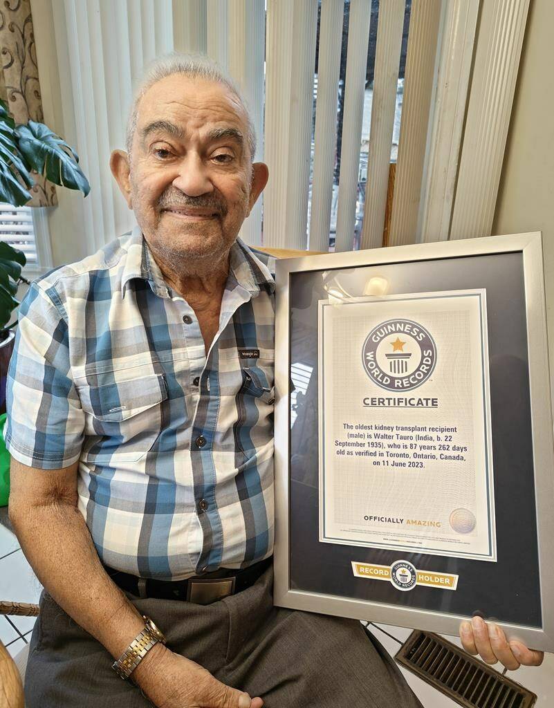 Walter Tauro, an 88-year-old former real estate agent, shown in this handout image provided by his son Lionel Tauro, says he’s feeling good about receiving the recognition earlier this month after his body successfully accepted a new kidney last year. The Ontario resident has defeated the odds and has been recognized by Guinness World Records as the world’s oldest kidney transplant recipient. THE CANADIAN PRESS/HO-Lionel Tauro