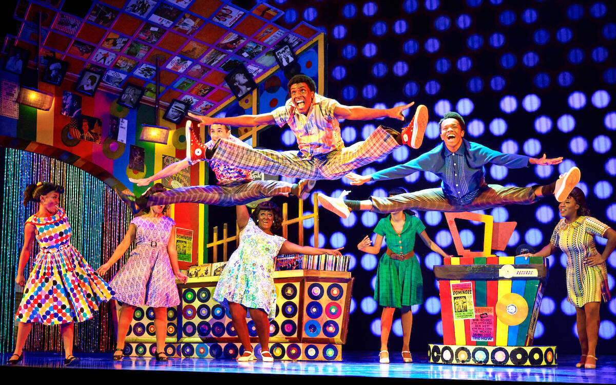 The touring production of “Hairspray” stars Josiah Thomas Randolph as “Thad,” Kalab Quinn as “Duane” and Gabriel Yarborough as “Gilbert,” with company dancers. (Contributed photo: Jeremy Daniel)