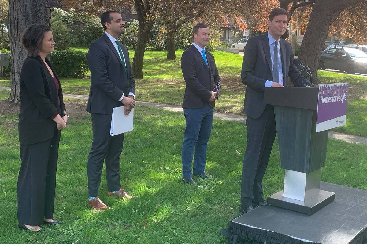 Premier David Eby (far right) welcomes Ottawa’s pledge of $6 billion for housing infrastructure, but says B.C. should be among the first provinces to receive funding given that its record of building more housing. (Wolf Depner/News Staff)