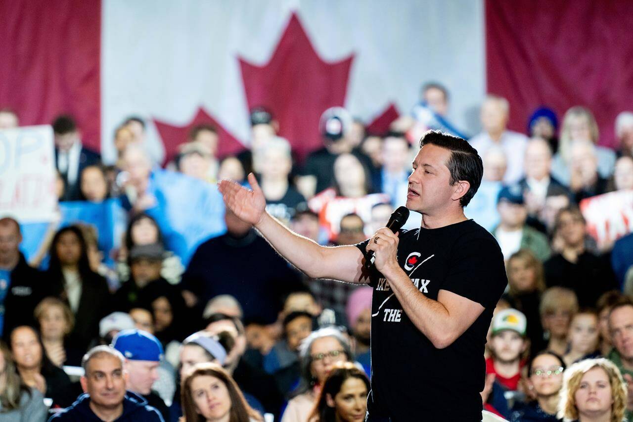Conservative Party Leader Pierre Poilievre speaks during a rally in Ottawa on Sunday, March 24, 2024. Poilievre is requesting Prime Minister Justin Trudeau convene an emergency meeting with the country’s premiers to discuss the federal carbon price. THE CANADIAN PRESS/Spencer Colby