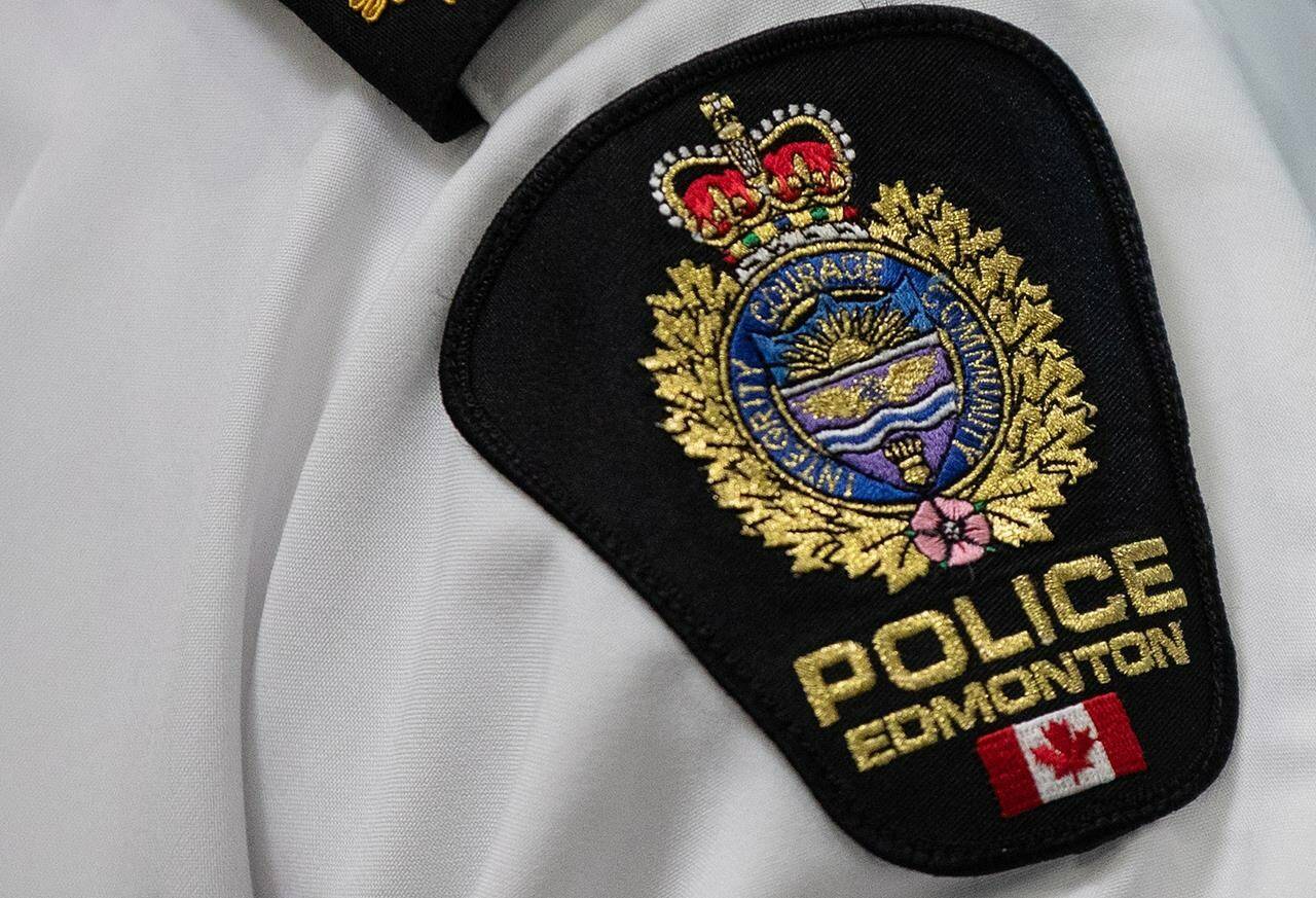 An Edmonton Police Service shoulder badge is shown in Edmonton on Aug. 1, 2023. THE CANADIAN PRESS/Jason Franson.