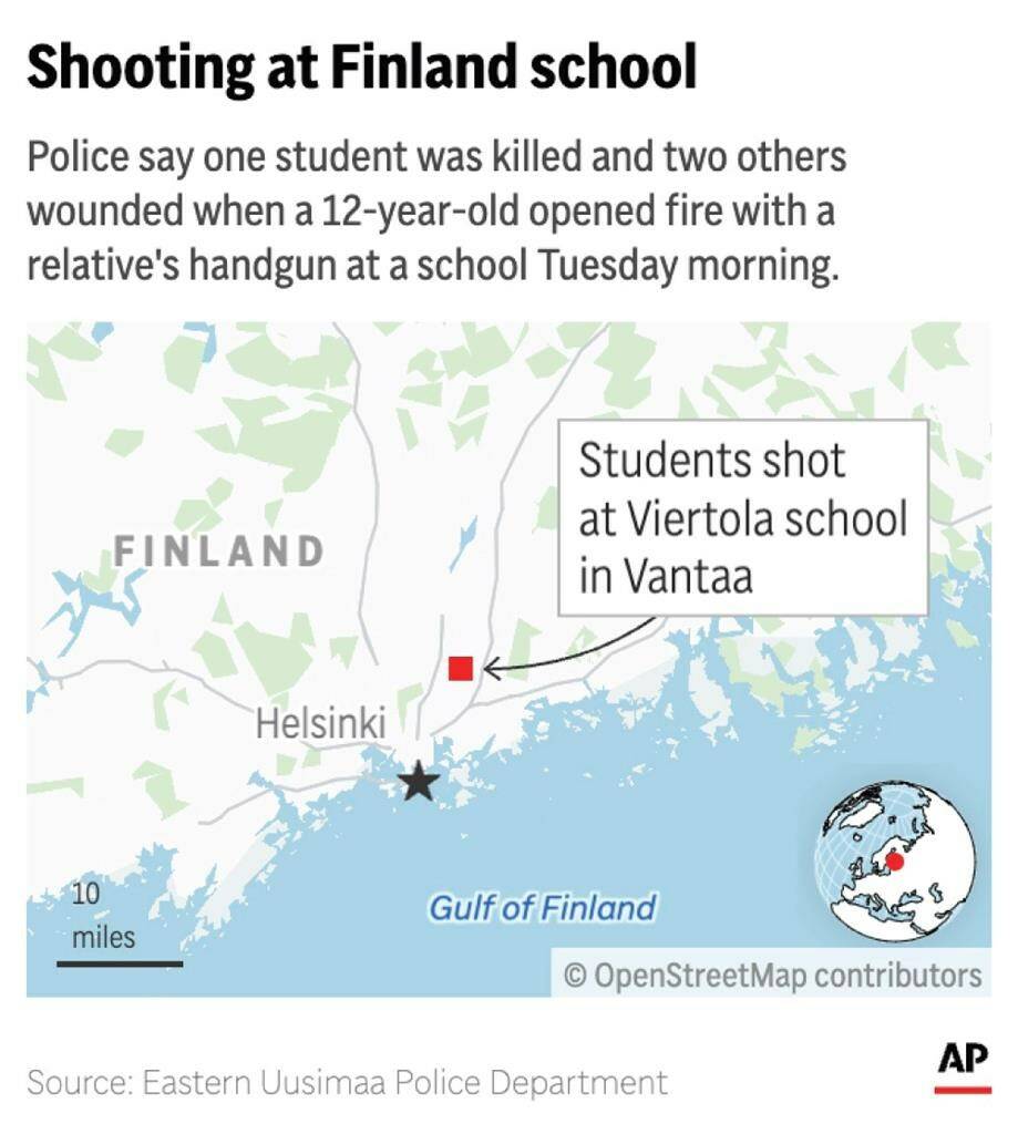 Police in Finland arrested a 12-year-old Tuesday suspected of killing a fellow student and wounding others with a gun at a school outside Helsinki. (AP Digital Embed)