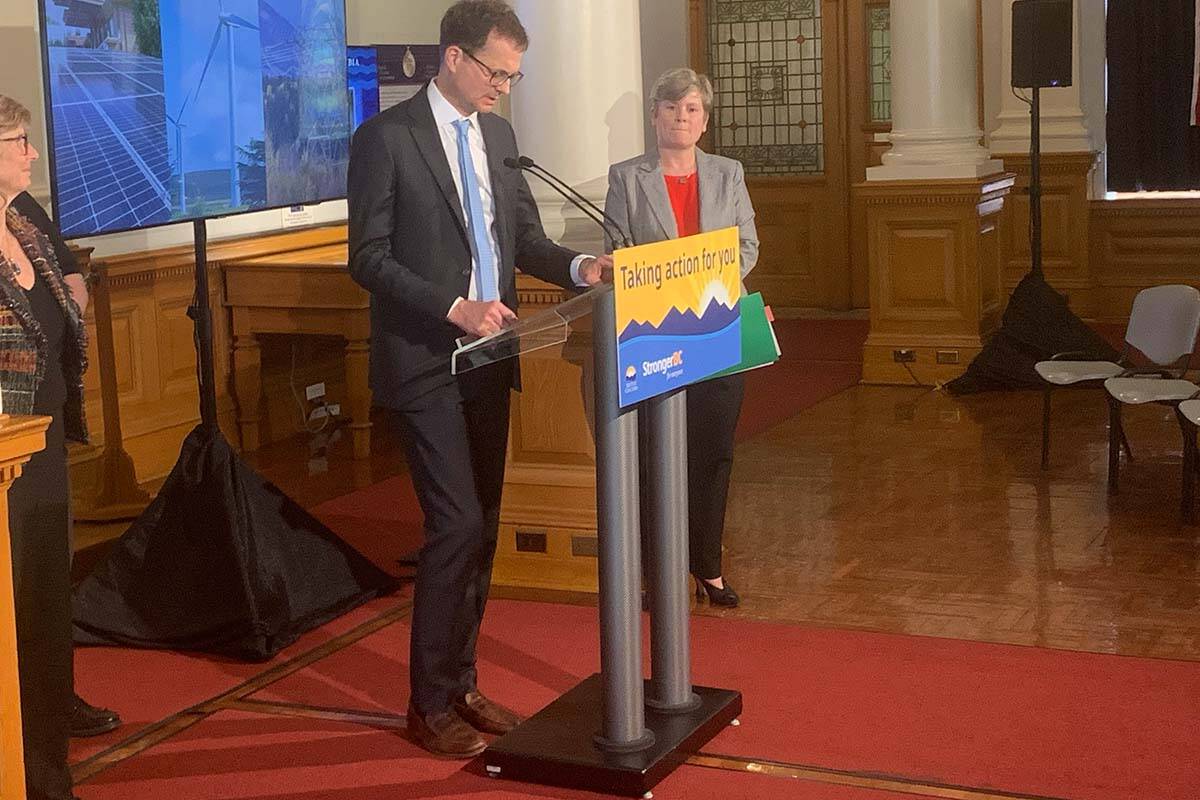 Chris O’Riley, B.C.’s Hydro president and chief executive officer, and Josie Osborne, B.C.’s energy, mines and low carbon innovation minister, formally announced B.C. Hydro’s first call of power in 15 years. (Wolf Depner/News Staff)