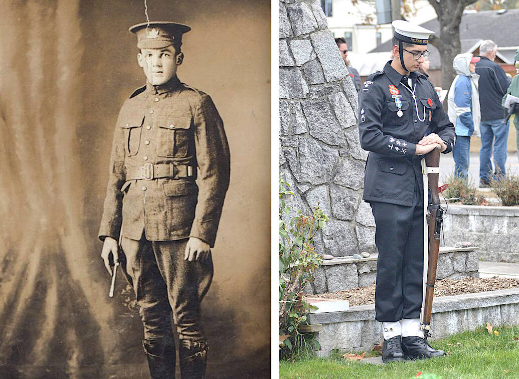 A candlelight vigil at the Royal Canadian Legion Aldergrove branch on Sunday, April 6, will honour the memory of Robert Hazelette Simonds (left), a Langley soldier who died at Vimy Ridge, one of 120 names on the cenotaph (right). (Veterans Affairs Canada/Langley Advance Times files)