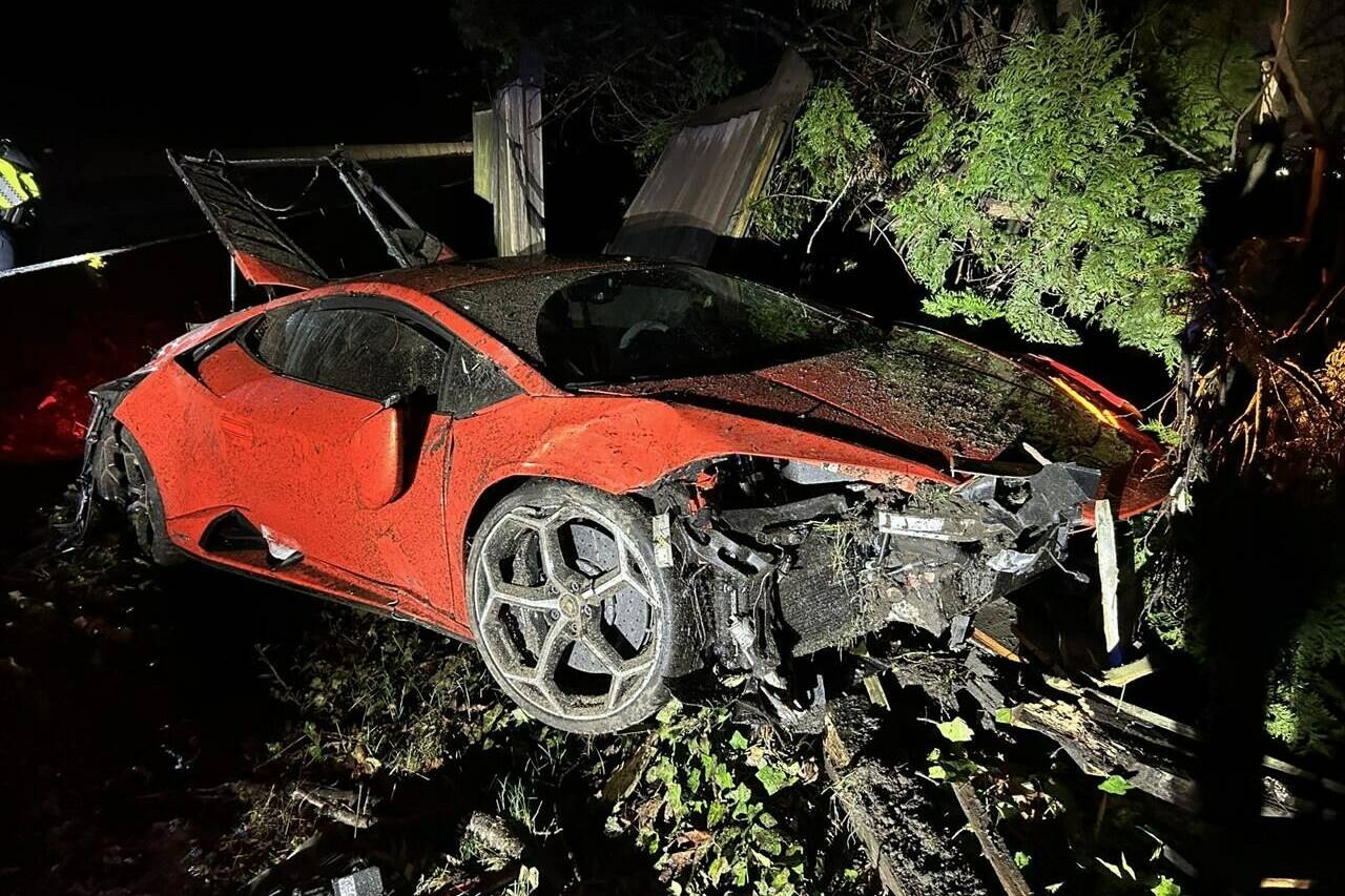 A crashed Lamborghini is shown in a West Vancouver Police handout photo. Police in West Vancouver say a “joyride” by a 13-year-old in their parent’s Lamborghini set off a single-vehicle crash that resulted in a total write-off by the insurance company. THE CANADIAN PRESS/HO-West Vancouver Police