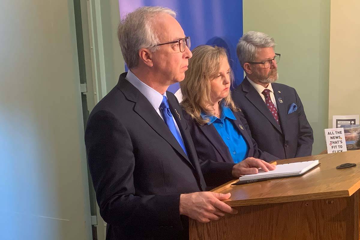 Conservative Party of B.C. Leader John Rustad and House Leader Bruce Banman flank former NDP MLA Gwen O’Mahony during a news conference Wednesday. O’Mahony will be running in the newly riding of Nanaimo-Lantzville. (Wolf Depner/News Staff)