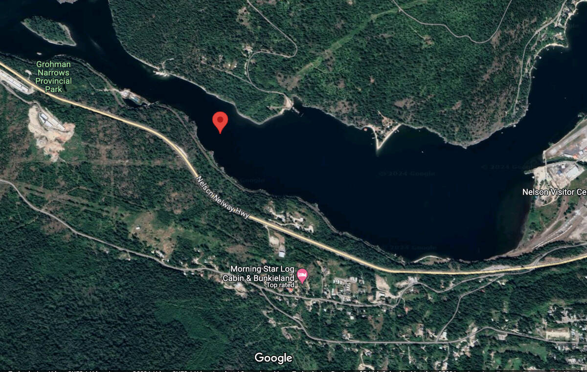 A sewage leak has been discovered and repaired about 30 metres below the surface of the Kootenay River between Nelson and Grohman Narrows Provincial Park. Map: Ministry of Environment and Climate Change Strategy