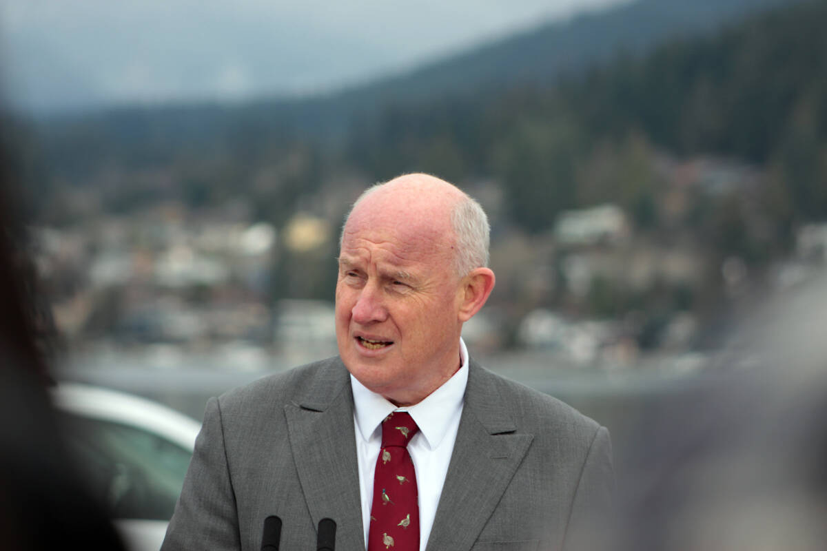 Public Safety Minister Mike Farnworth speaks in Port Moody March 6, 2024. Farnworth’s ministry announced April 4, 2024 that there are changes and updates coming to B.C.’s Police Act following a 2022 report on reform. (Lauren Collins)