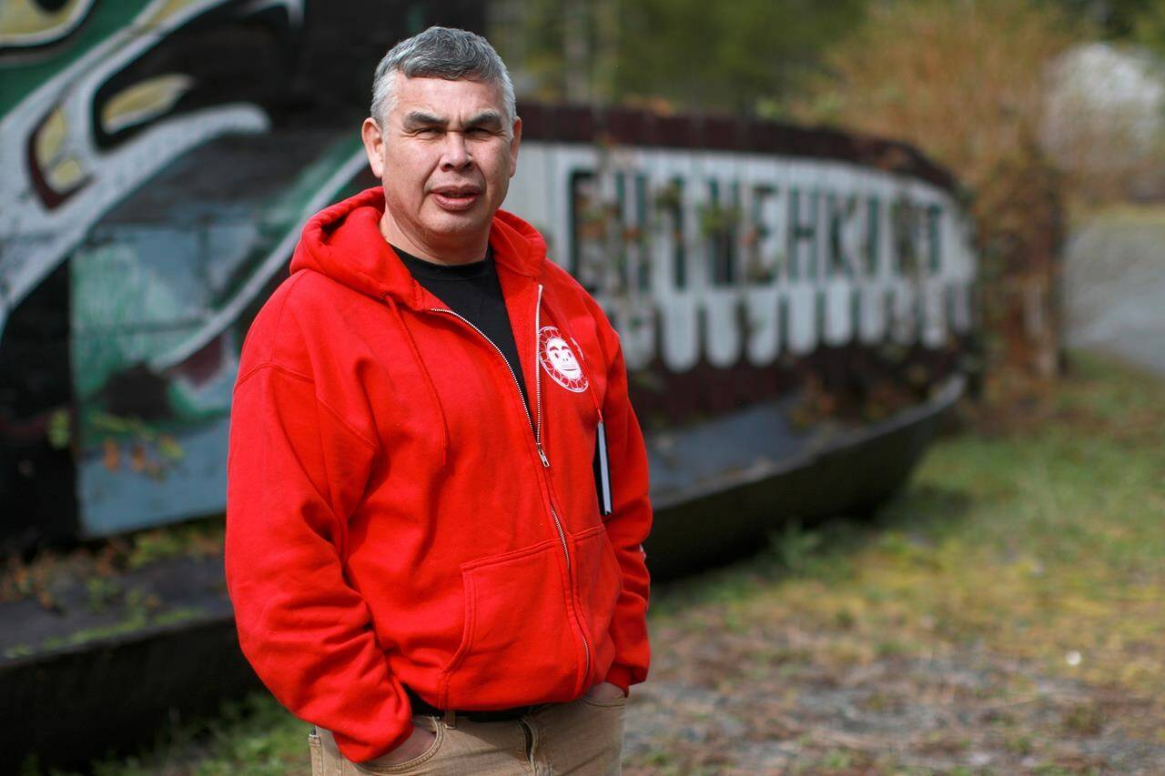 Ehattesaht Chief Simon John is photographed outside the band office following a meeting about the orphaned killer whale calf in Zeballos, B.C., on Wednesday, April 3, 2024. John says a highly-orchestrated attempt to rescue a killer whale calf stranded in a Vancouver Island lagoon could happen as early as next week. THE CANADIAN PRESS/Chad Hipolito