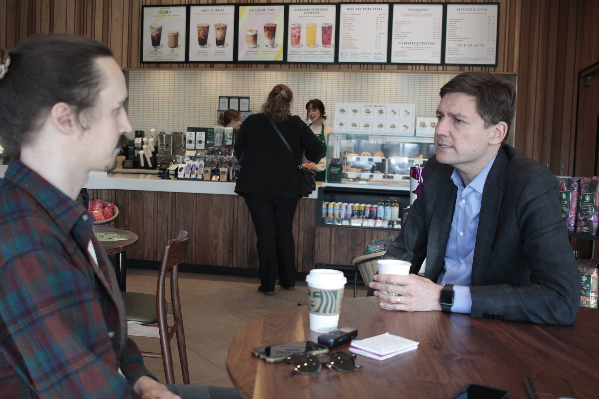 Reporter Marc Kitteringham speaks with B.C. Premier David Eby in Campbell River. Photo by Jimmy Smith