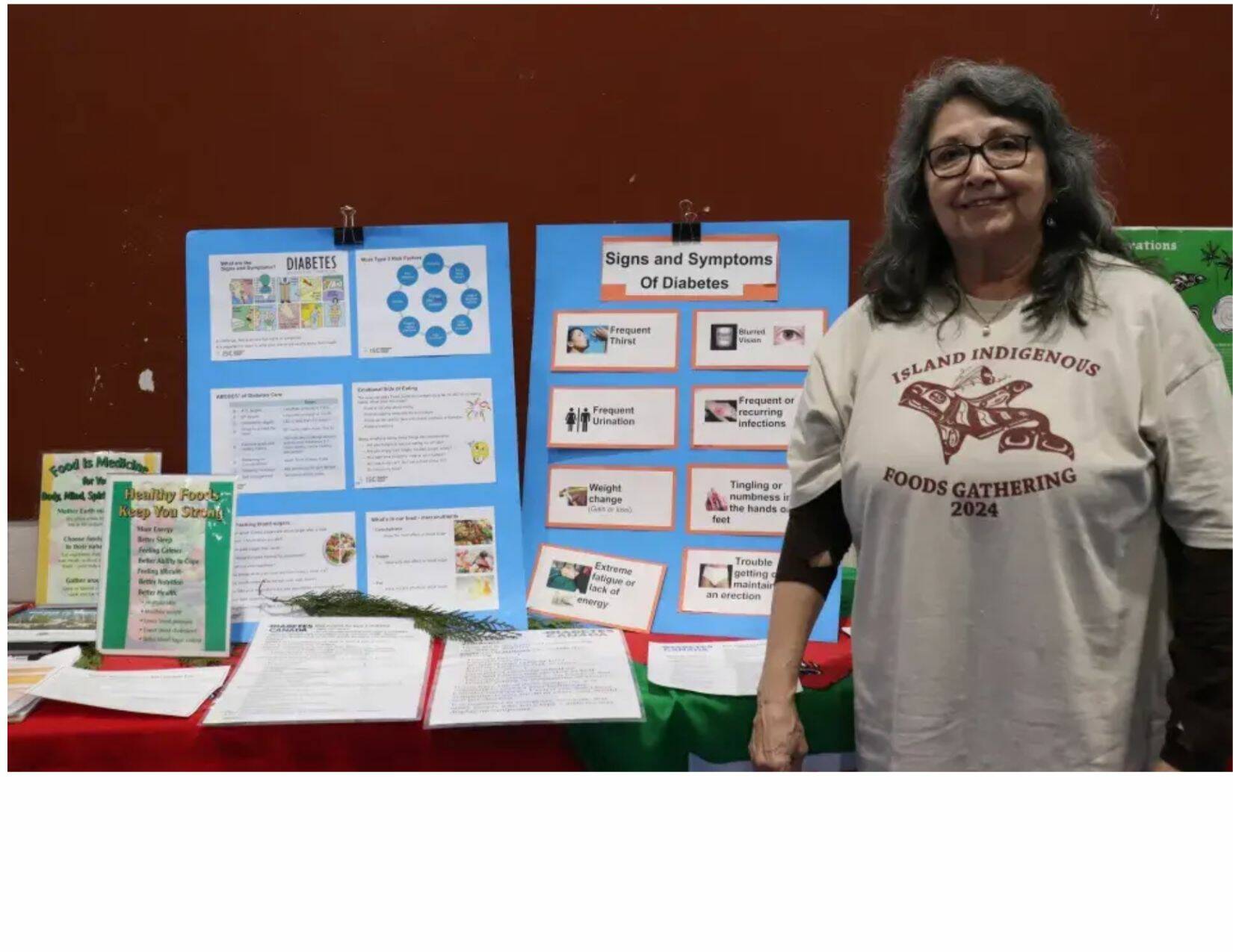 Matilda Atleo, an Indigenous educator in diabetes for the First Nations Health Authority, shares diabetes information with attendees at Ahousaht’s Food Sovereignty Event in late March. (Alexandra Mehl photo)