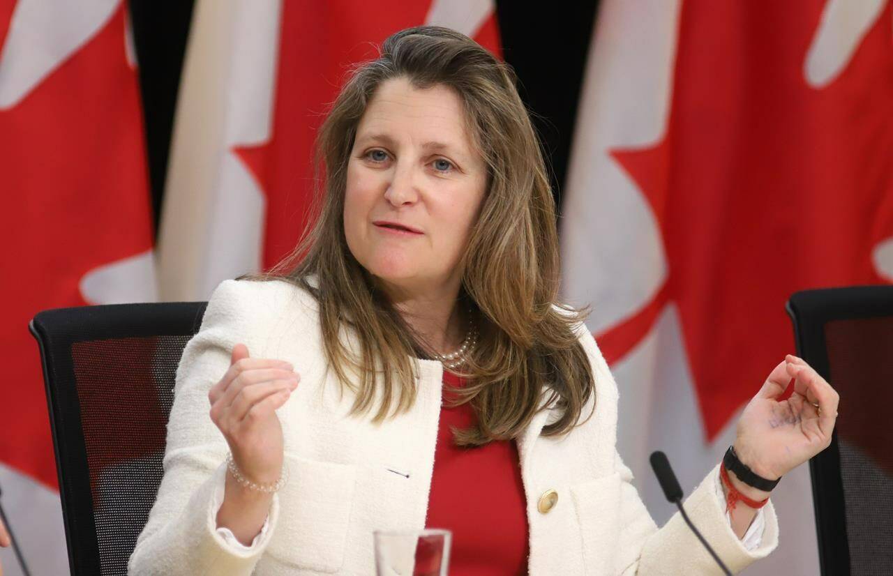Finance Minister Chrystia Freeland participates in a news conference to announce a new youth mental health fund at the National Press Theatre in Ottawa on Tuesday, April 9, 2024. THE CANADIAN PRESS/ Patrick Doyle