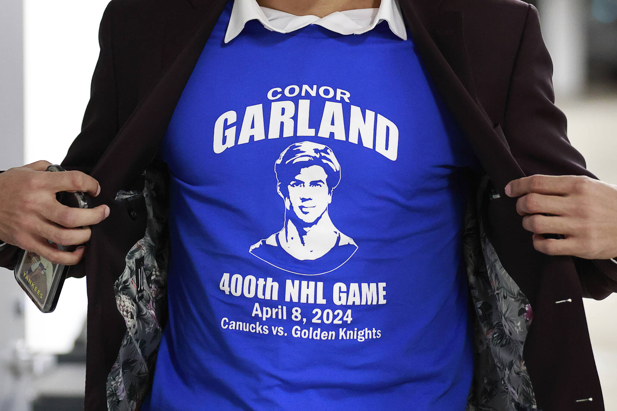 Vancouver’s Dakota Joshua arrives at Rogers Arena wearing a t-shirt comemarting Conor Garland’s 400th NHL game. Garland would score twice in the Canucks 4-3 win against the Vegas Golden Knights Monday night at Rogers Arena. Vancouver Canucks photo