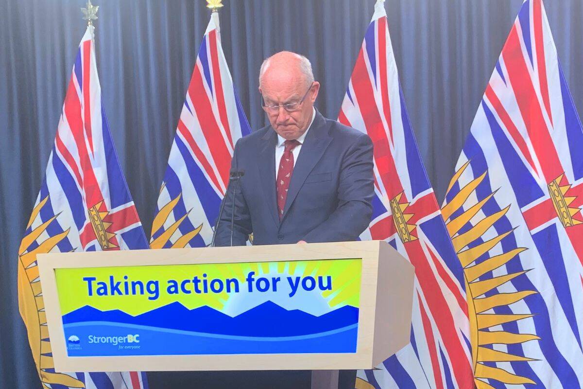 B.C.’s Public Safety and Solicitor General Minister Mike Farnworth speaking to the media in Victoria on April 9, 2024. Farnworth says the City of Surrey has turned down the province’s final offer that was on the table to help aid the city’s police transition. (Photo: Wolf Depner)
