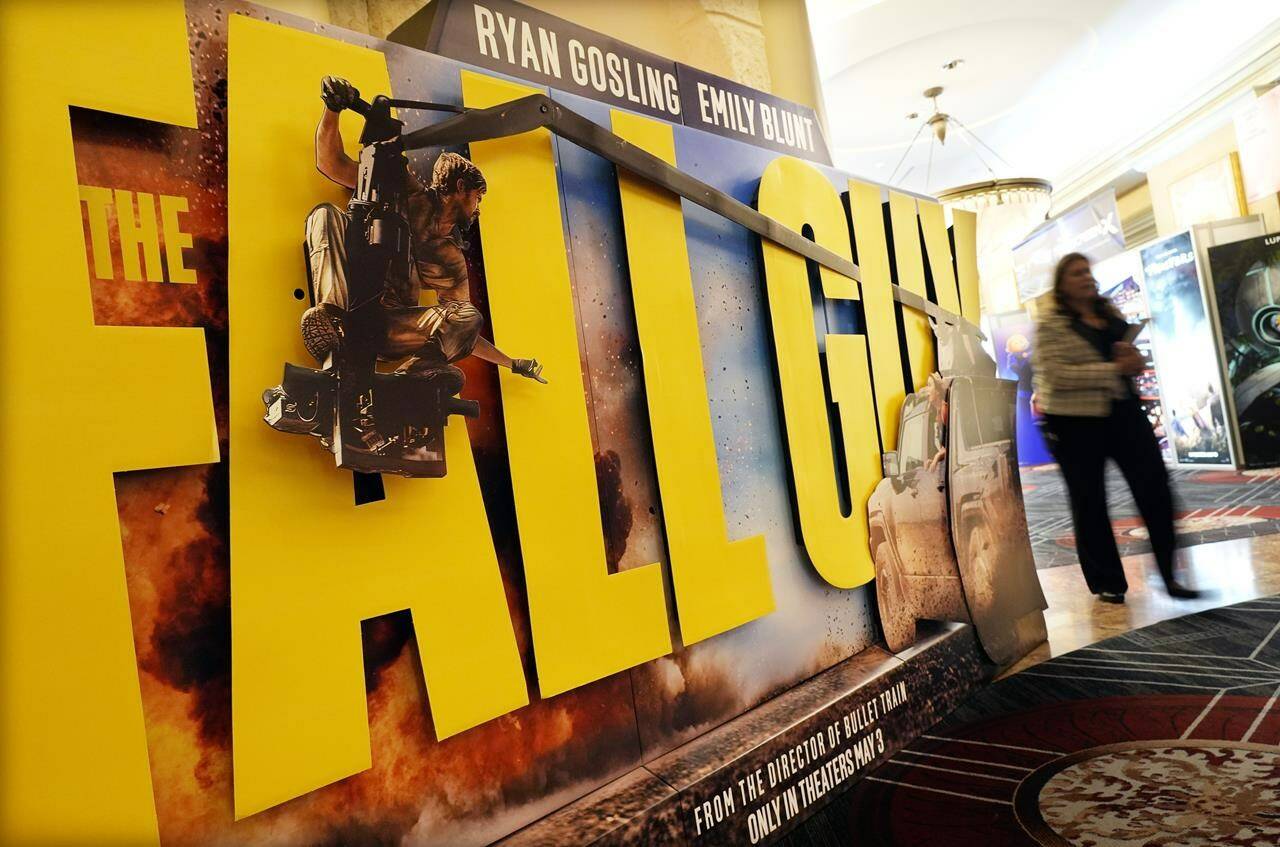 An advertisement for the upcoming film “The Fall Guy” is pictured on the opening day of CinemaCon 2024 at Caesars Palace, Monday, April 8, 2024, in Las Vegas. The four-day convention of the National Association of Theatre Owners (NATO) runs through Thursday. (AP Photo/Chris Pizzello)