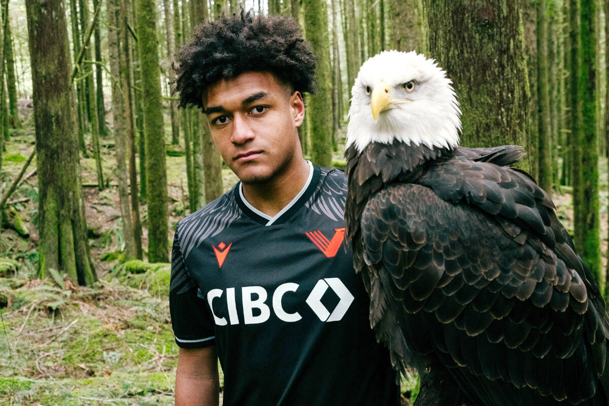 Maple Ridge’s own TJ Tahid jokingly said “the eagle has landed,” as the soccer athlete helped his Vancouver FC teammates unveil the team’s new jerseys ahead of the season. (Beau Chevalier, VFC/Special to Langley Advance Times)