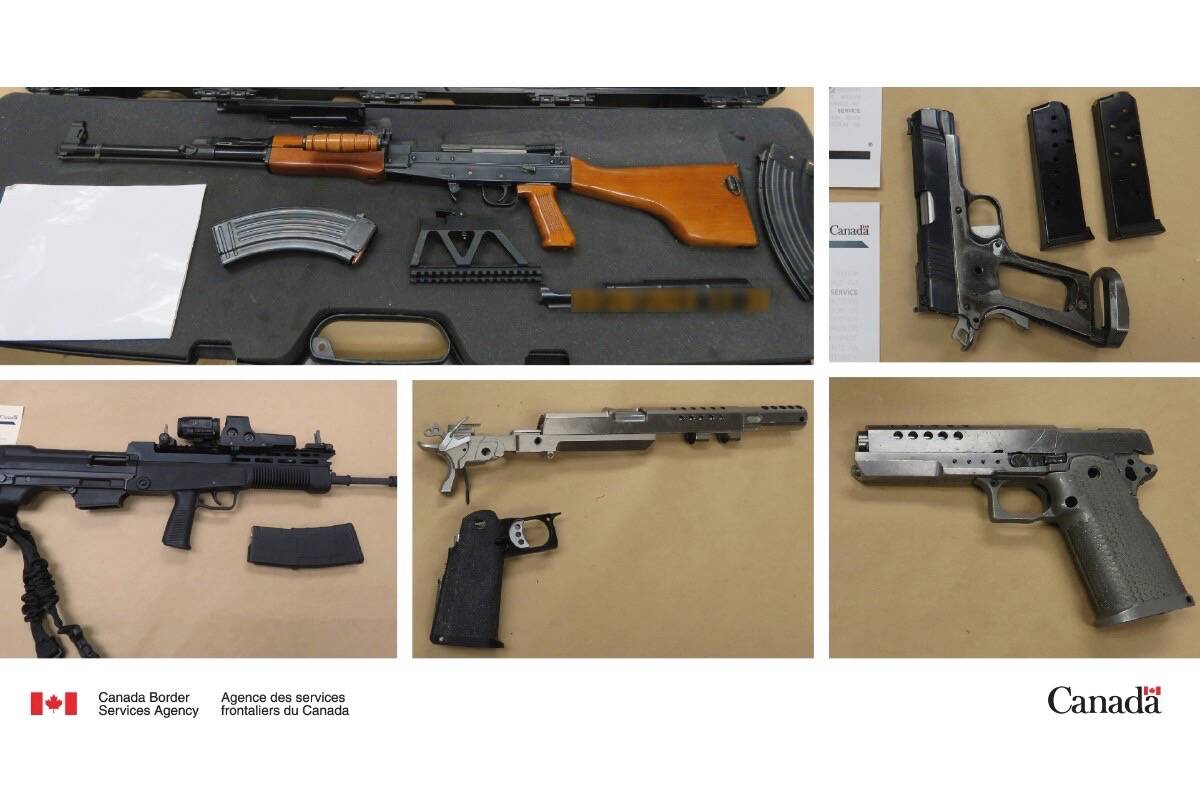 The Canada Border Services Agency seized a number of prohibited items while executing a search warrant at the Delta home of Bryce Cameron McDonald on March 16, 2023, including five guns, eight over-capacity magazines, two devices used to convert pistols into fully-automatic firearms, and one brass knuckle knife. On April 9, 2024, CBSA announced that McDonald, 41, had been charged with 18 firearm and weapon-related offences relating to the investigation. (Canada Border Services Agency/submitted photo)