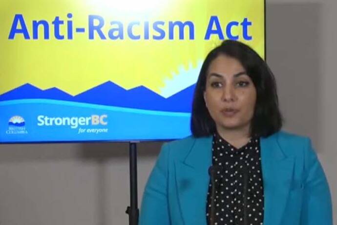 Attorney-General Niki Sharma Thursday announced that government will be tabling the Anti-Racism Act to root out “systemic racism” and advance “racial equity” in provincial policies, programs and services. (Screencap)
