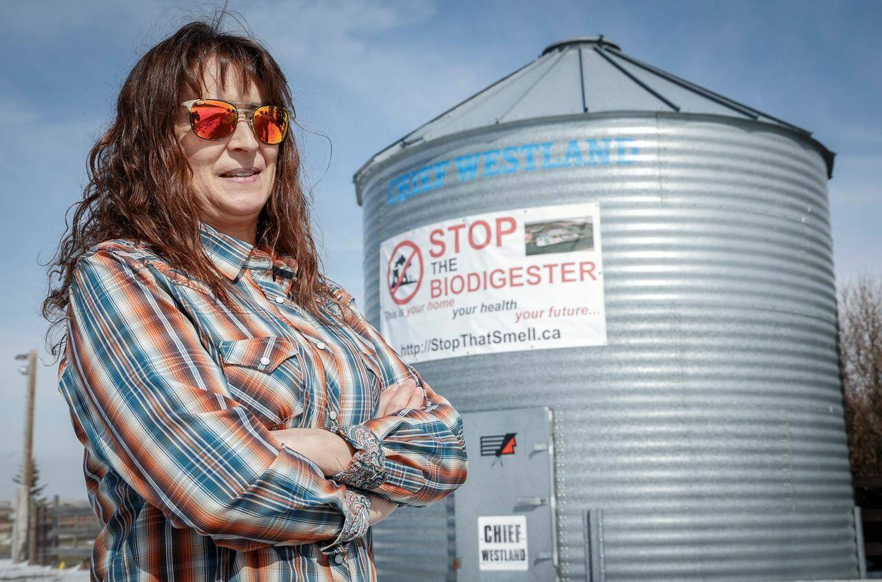 Benita Estes is opposed to the development of a biodigester plant 200 metres from her home near High River, Saturday, April 6, 2024.THE CANADIAN PRESS/Jeff McIntosh