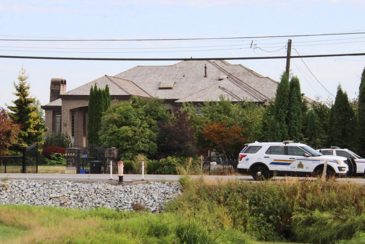 The discovery of a body drew a large police presence in Pitt Meadows on Aug. 15. 2021. (Shane MacKichan/Special to The News)