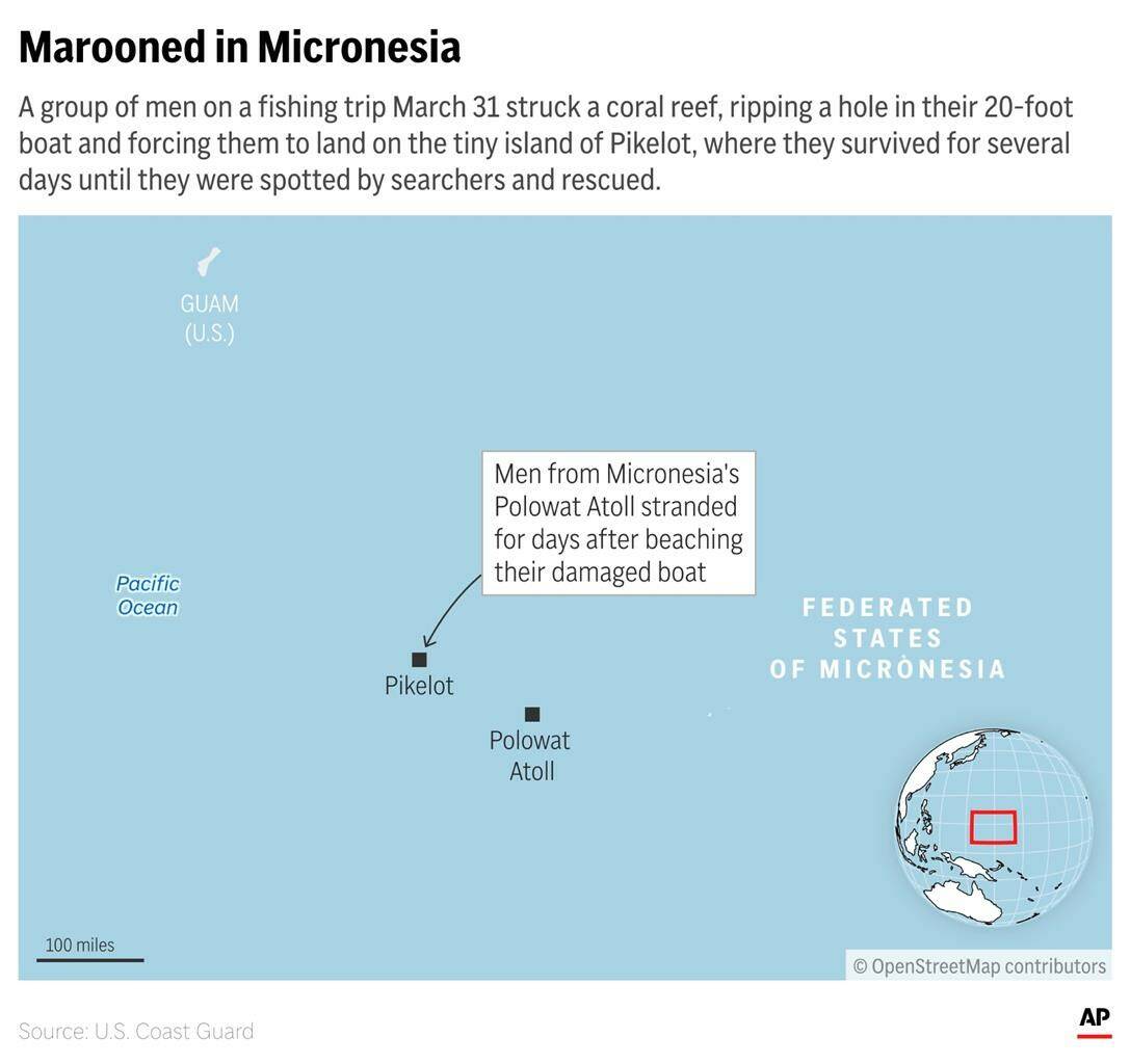 Three men spent several days marooned on an uninhabited Pacific island after a boating mishap. (AP Graphic)
