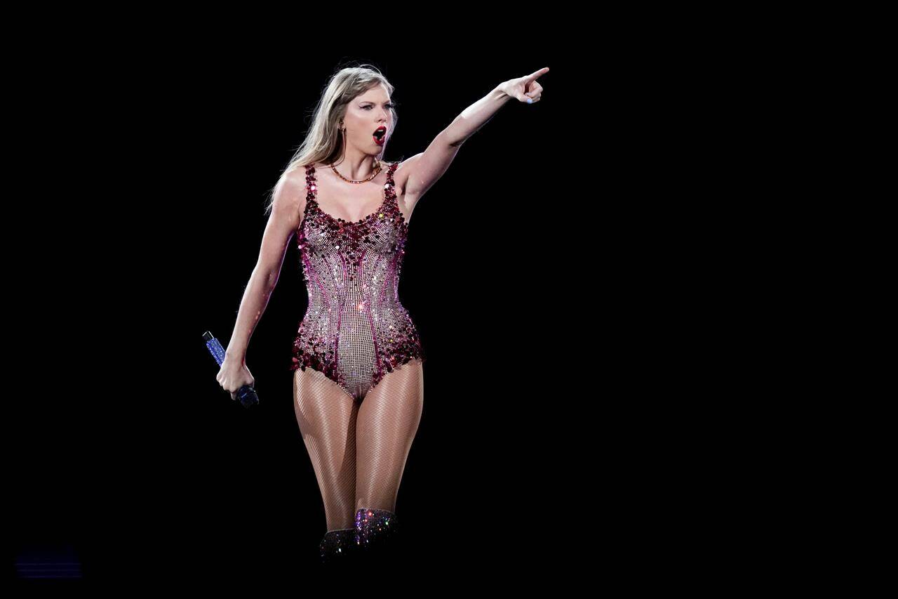 FILE - Taylor Swift performs at the Monumental stadium during her Eras Tour concert in Buenos Aires, Argentina, Nov. 9, 2023. West Shore RCMP is warning the public of a Facebook scam involving the re-sale of Taylor Swift concert tickets. (AP Photo/Natacha Pisarenko, File)