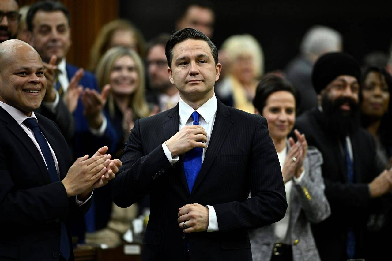 Conservative Leader Pierre Poilievre rises during question period in the House of Commons on Parliament Hill in Ottawa, Wednesday, April 10, 2024. Canada’s largest labour organization is urging unions to hold politicians to account when they profess to champion the country’s working class. THE CANADIAN PRESS/Justin Tang