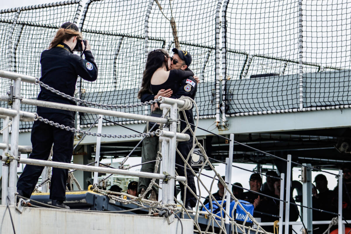 S1 Daniel Tao and Jenna Mutter were the first kiss, a longtime navy tradition, after the HMCS Max Bernays arrived in Esquimalt after its journey through the Panama Canal from Halifax on Monday, April 15. (Bailey Seymour/News Staff)