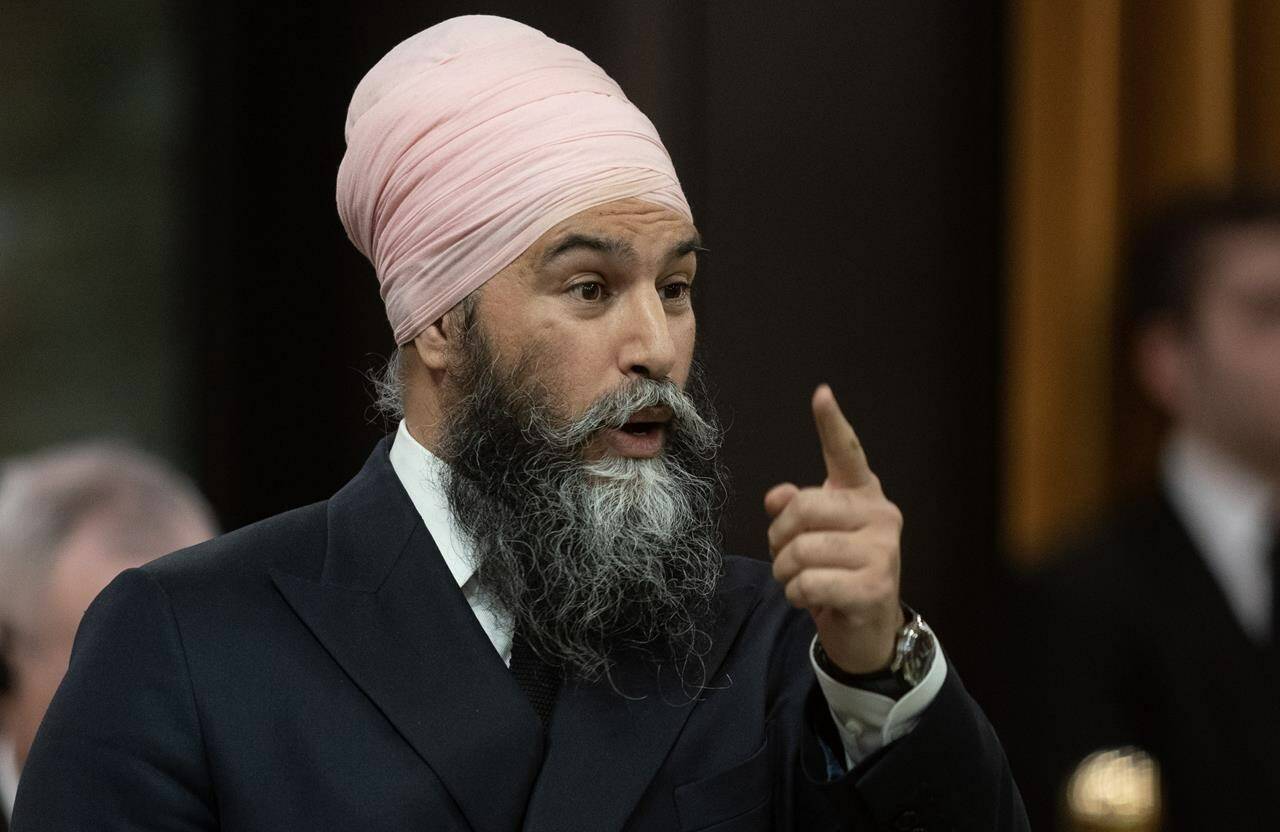 Federal NDP Leader Jagmeet Singh insists his party’s position on carbon pricing remains unchanged, although he won’t say whether he supports making Canadians pay it on consumer items like gasoline. Singh rises during question period in Ottawa, Monday, April 15, 2024. THE CANADIAN PRESS/Adrian Wyld