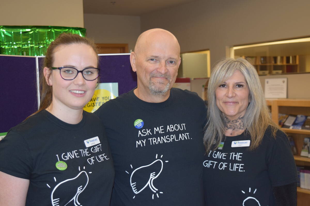 Liver donor Letecia Hayes (left), two-time liver recipient Matt Scaife (centre), and kidney donor Stacy Rodriguez at BC Cancer Kelowna spreading the word for National Organ and Tissue Donation Awareness Month. (Brittany Webster/Capital News)