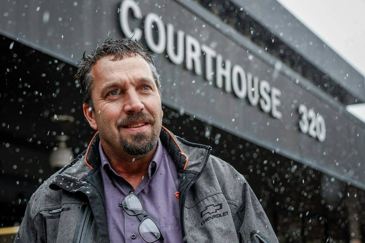 Alex Van Herk arrives at the courthouse in Lethbridge, Tuesday, April 16, 2024. Van Herk is one of three men accused of orchestrating the border shutdown at Coutts , Alta., in 2022. THE CANADIAN PRESS/Jeff McIntosh