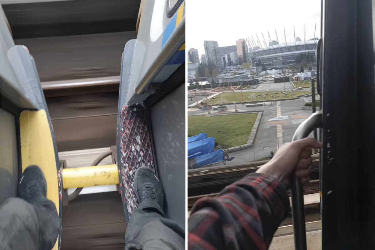 Screenshots taken from an April 8, 2024 Instagram video show a social media stunt person perched between two train cars while riding the SkyTrain through Vancouver. (Instagram/nightrunner45)