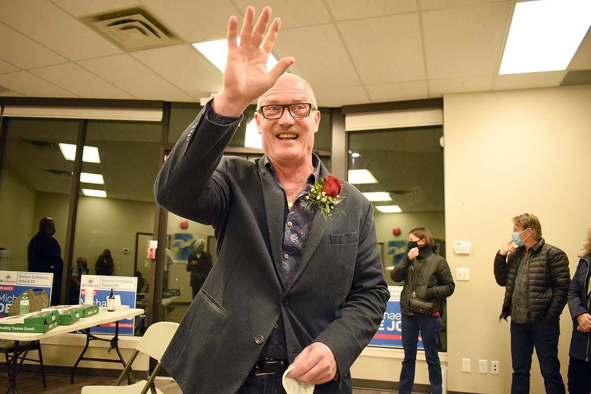 Abbotsford West MLA Mike de Jong (shown here on provincial election night in October 2020) has announced he is seeking the federal Conservative Party nomination for Abbotsford-South Langley. (Abbotsford News file photo)