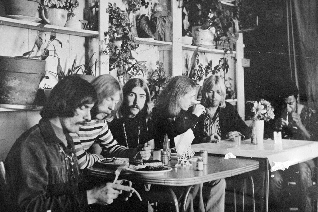 FILE - This undated photo shows members of the Allman Brothers Band, from left, Dickey Betts, Duane Allman, Berry Oakley, Butch Trucks, Gregg Allman and Jai Johanny “Jaimoe” Johanson, eating at the H&H Restaurant in downtown Macon, Ga. Guitar legend Betts, who co-founded the Allman Brothers Band and wrote their biggest hit, “Ramblin’ Man,” died Thursday, April 18, 2024. He was 80. (The Macon Telegraph via AP, File)