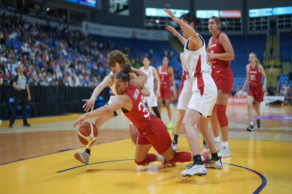 Canada’s Women’s National Basketball Team will return to Victoria for a pre-Olympic Games tune-up series. Pictured is the women’s team taking on Japan during an exhibition game at the Save-On-Foods Memorial Centre in 2023. (Photo credit: Canadian Women’s National Basketball Team)