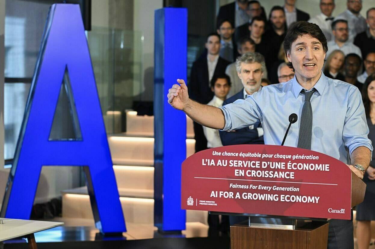 Worried artificial intelligence is coming for your job? So is the federal government — enough, at least, to set aside $50 million for skills retraining for workers. Prime Minister Justin Trudeau speaks during an announcement on innovation for economic growth in advance of the 2024 federal budget in Montreal, Sunday, April 7, 2024. THE CANADIAN PRESS/Graham Hughes