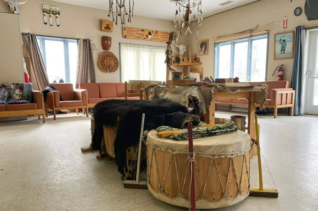 Bear skins, drums and other traditional items are placed in the centre of the room where residents gather for healing circles at Waseskun Healing Centre, an Indigenous-run facility that is is the equivalent of a minimum-security penitentiary, in Saint-Alphonse-Rodriguez, Que., on March 20, 2024. THE CANADIAN PRESS/Ally Lemieux Fanset