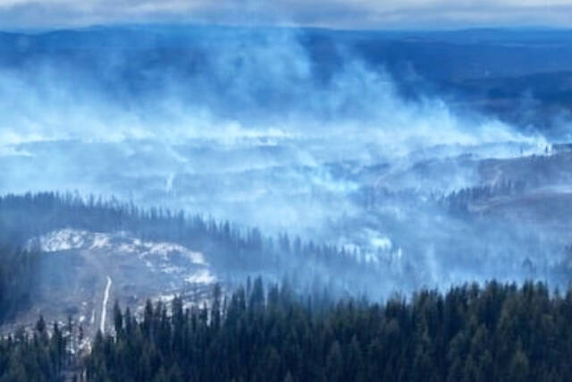 An April 21, 2024 BC Wildfire Service photo shows the Burgess Creek wildfire, located between Williams Lake and Quesnel. The blaze is estimated at about 1,600 hectares in size. (BCWS photo)