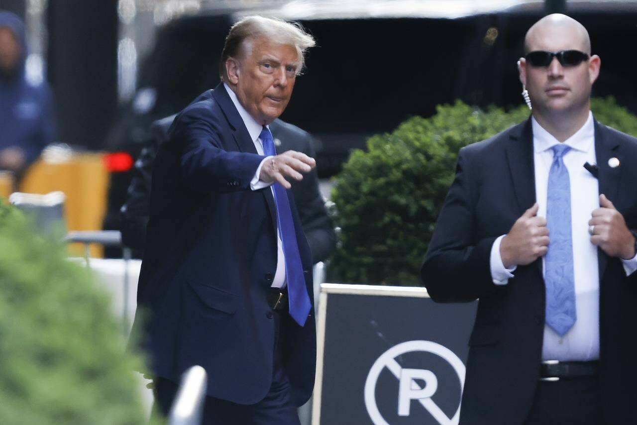 Former president Donald Trump leaves Trump Tower on his way to Manhattan criminal court, Monday, April 22, 2024, in New York. Opening statements in Donald Trump’s historic hush money trial are set to begin. Trump is accused of falsifying internal business records as part of an alleged scheme to bury stories he thought might hurt his presidential campaign in 2016. (AP Photo/Stefan Jeremiah)
