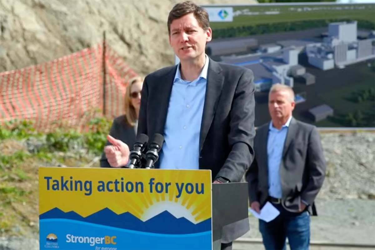 Premier David Eby, here seen speaking in Abbotsford Tuesday morning, said upcoming discussions with social media companies were "entirely due" to Bill 12 aimed at recovering health-related expenditures from social media and other large corporations. Government will pause Bill 12 during the upcoming “online safety action table” with Meta, Snap, TikTok and X representatives. Provincial business organizations welcomed the pause after having raised concerns about the broadness of the bill. (Screencap)