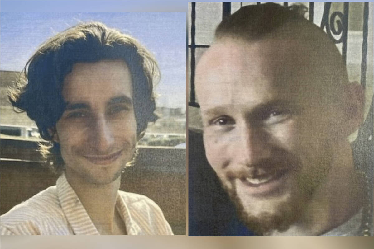 Police are searching for Nicolas West, 26, (left), and Daniel MacAlpine, 36, (right) who went missing while kayaking between Island View Beach and D’Arcy Island on April 20. (Courtesy Sidney/North Saanich RCMP)