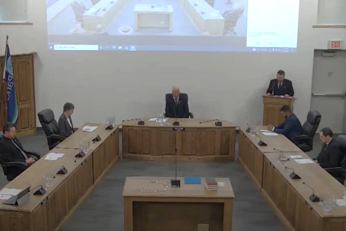 Parksville is facing legal action over a prayer spoken at council’s inaugural meeting on Nov. 7, 2022. (City of Parksville Youtube)