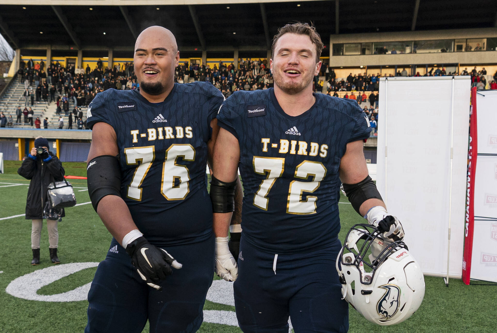 UBC offensive linemen Giovanni Manu (left) and Theo Benedet (right) are both up for the NFL Draft which takes place this weekend. The pair is shown here during Hardy Cup Finals action in Vancouver, Nov. 11, 2024. (Rich Lam/UBC Athletics Photo)